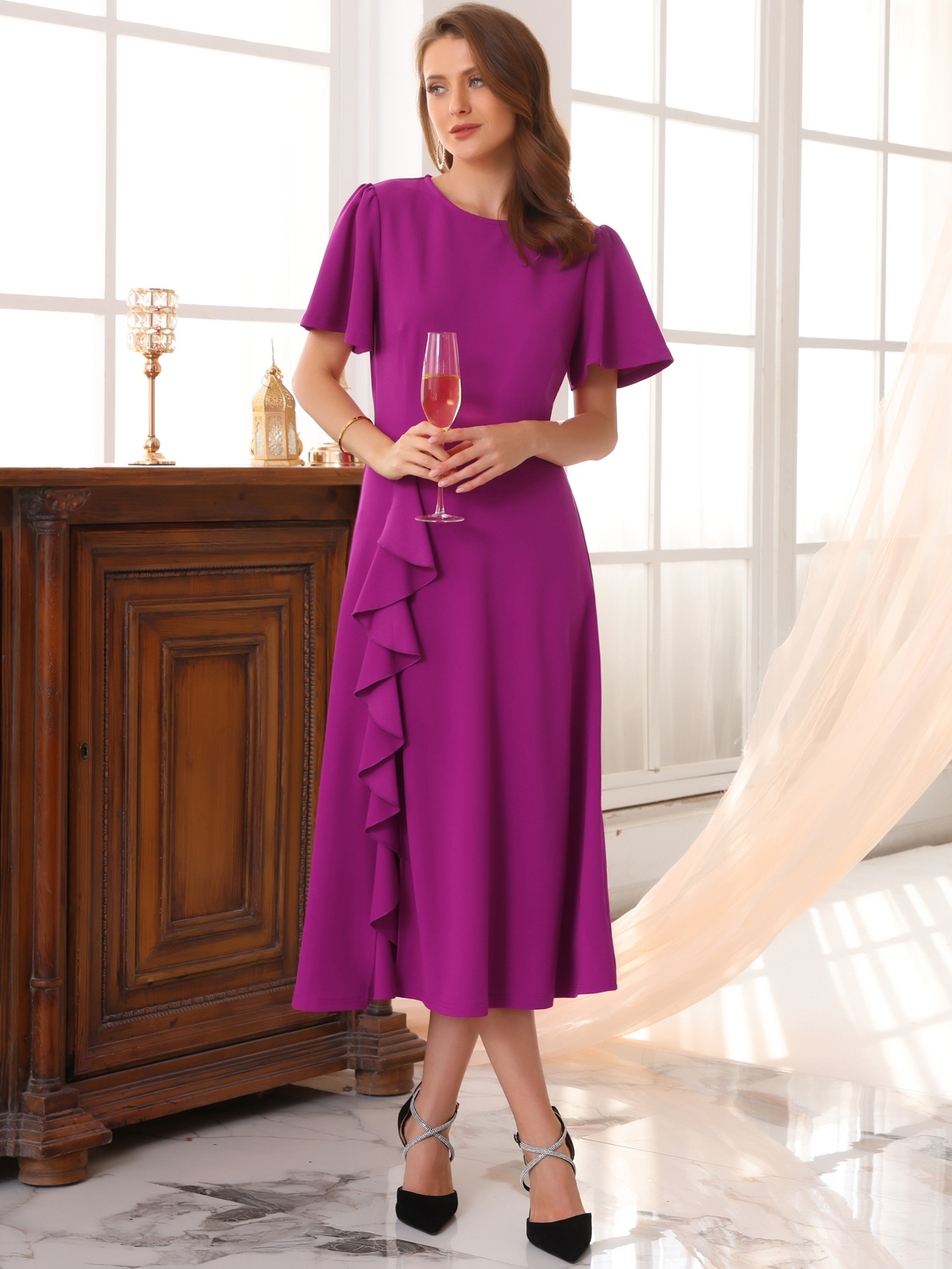 DARING DIVA Women's Ruffle Crew Neck Short Sleeve Formal Cocktail Dress S Purple