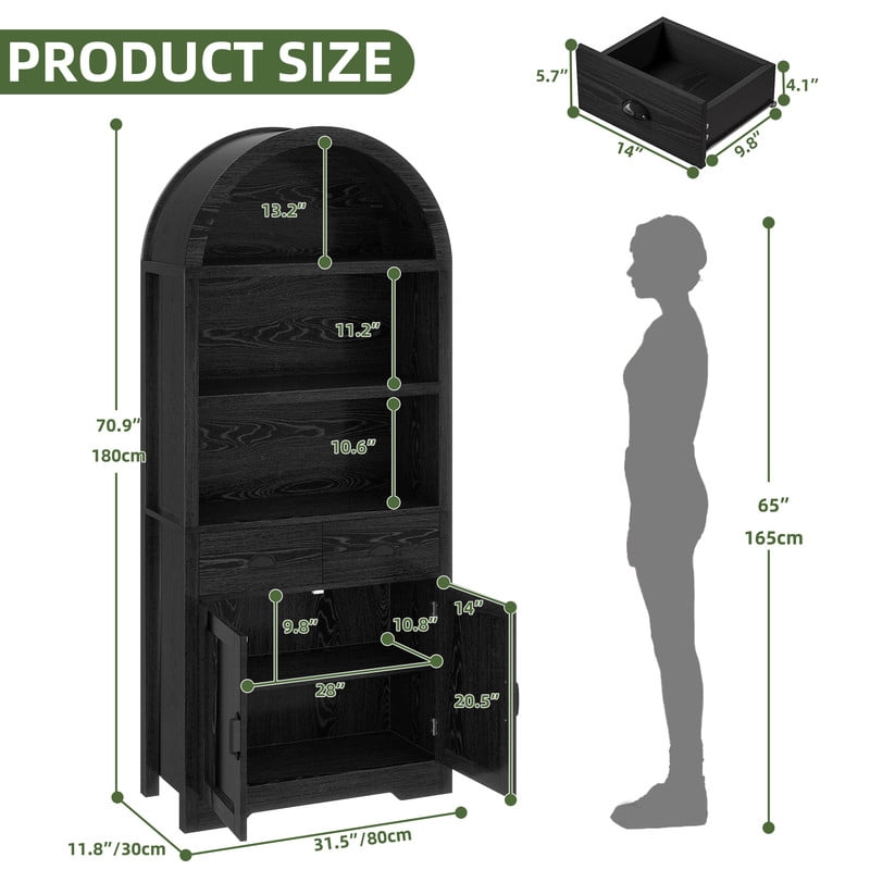 Uforic 71 " Tall Bookshelf with Storage, Wooden Arched Bookcase with 2 Drawers and Shelves for Living Room, Black