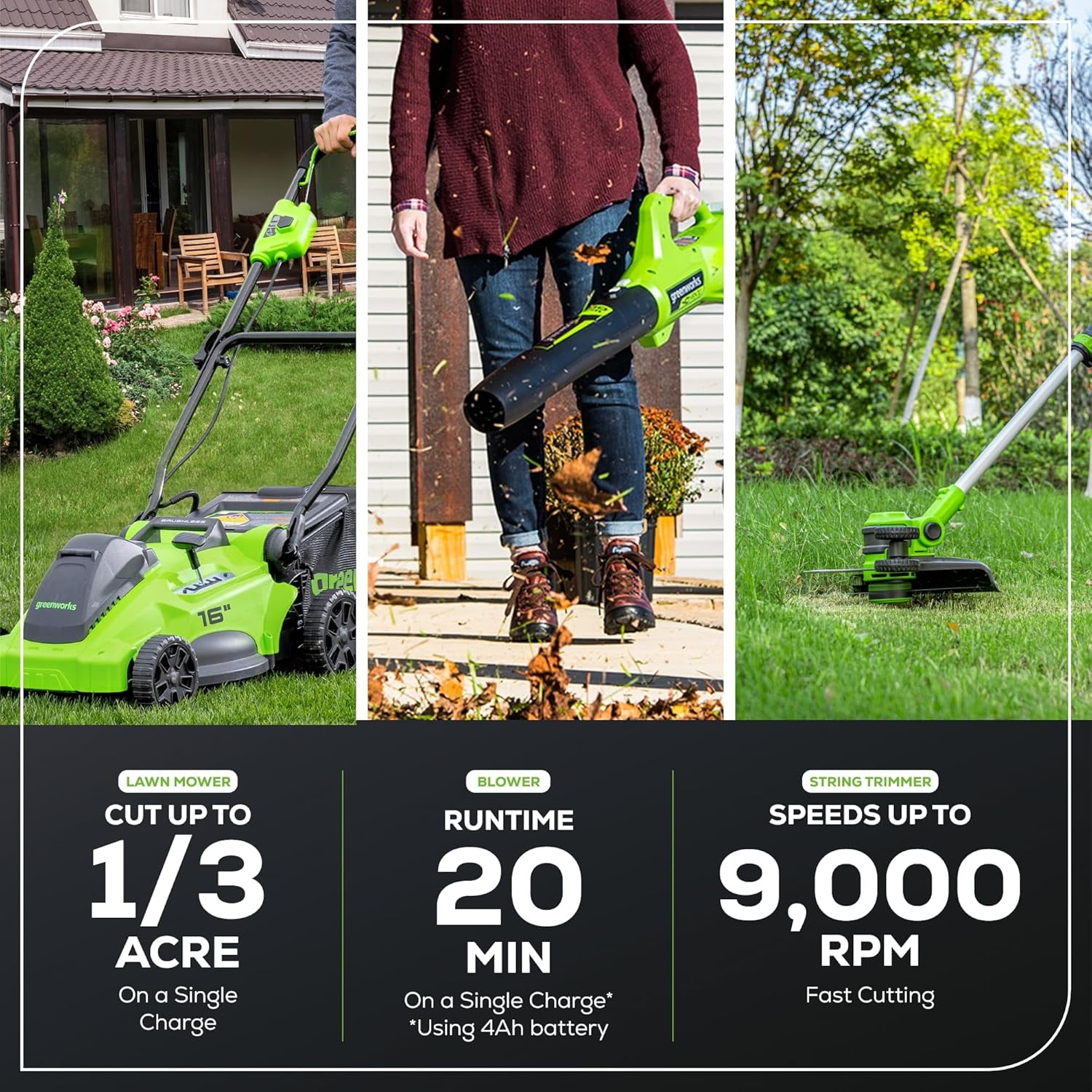 Greenworks 40V 16" Brushless Lawn Mower + Blower (350 CFM) + 13" String Trimmer (Bonus Spools), 4.0Ah + 2.0Ah Battery and Charger Included