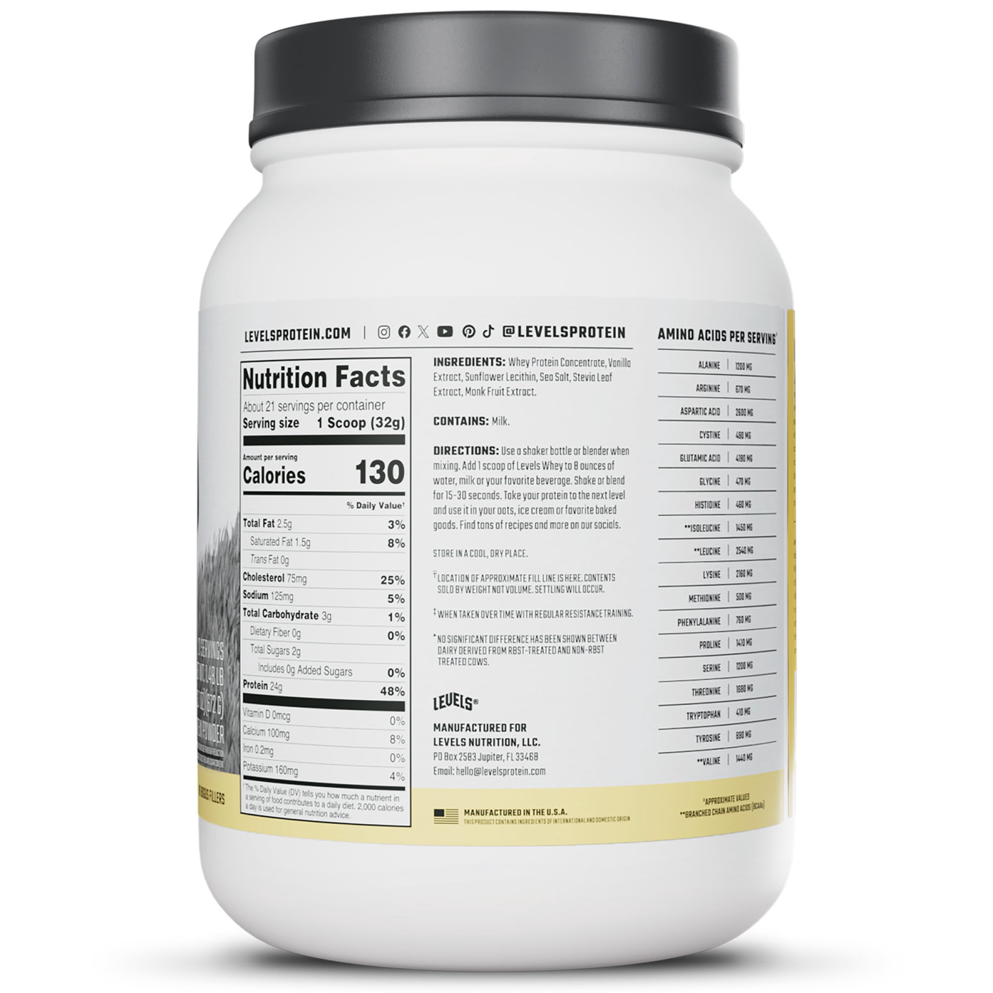 Levels Grass Fed Whey Protein Powder, No Artificials, 24G of Protein, Vanilla Bean, 1.48LB