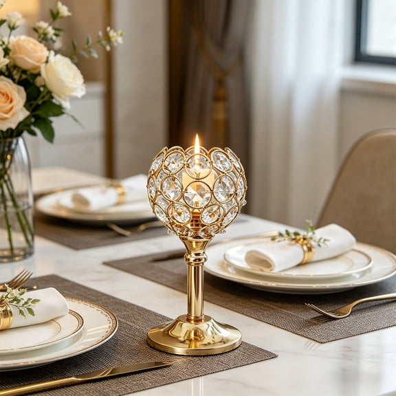 Handmade Crystal Metal Table Candlestick, Hollow Decorative Candlestick Ornament, Candle Holder Centerpiece for Home Office Dining, Elegant Tabletop Decor, Stylish Candlelight Accent