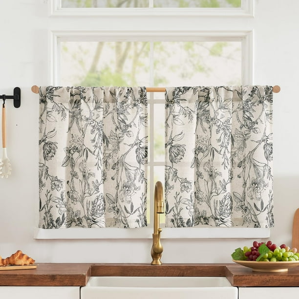Cortinas Jinchan de lino floral para cocina, 61 x 61 cm, 2 paneles