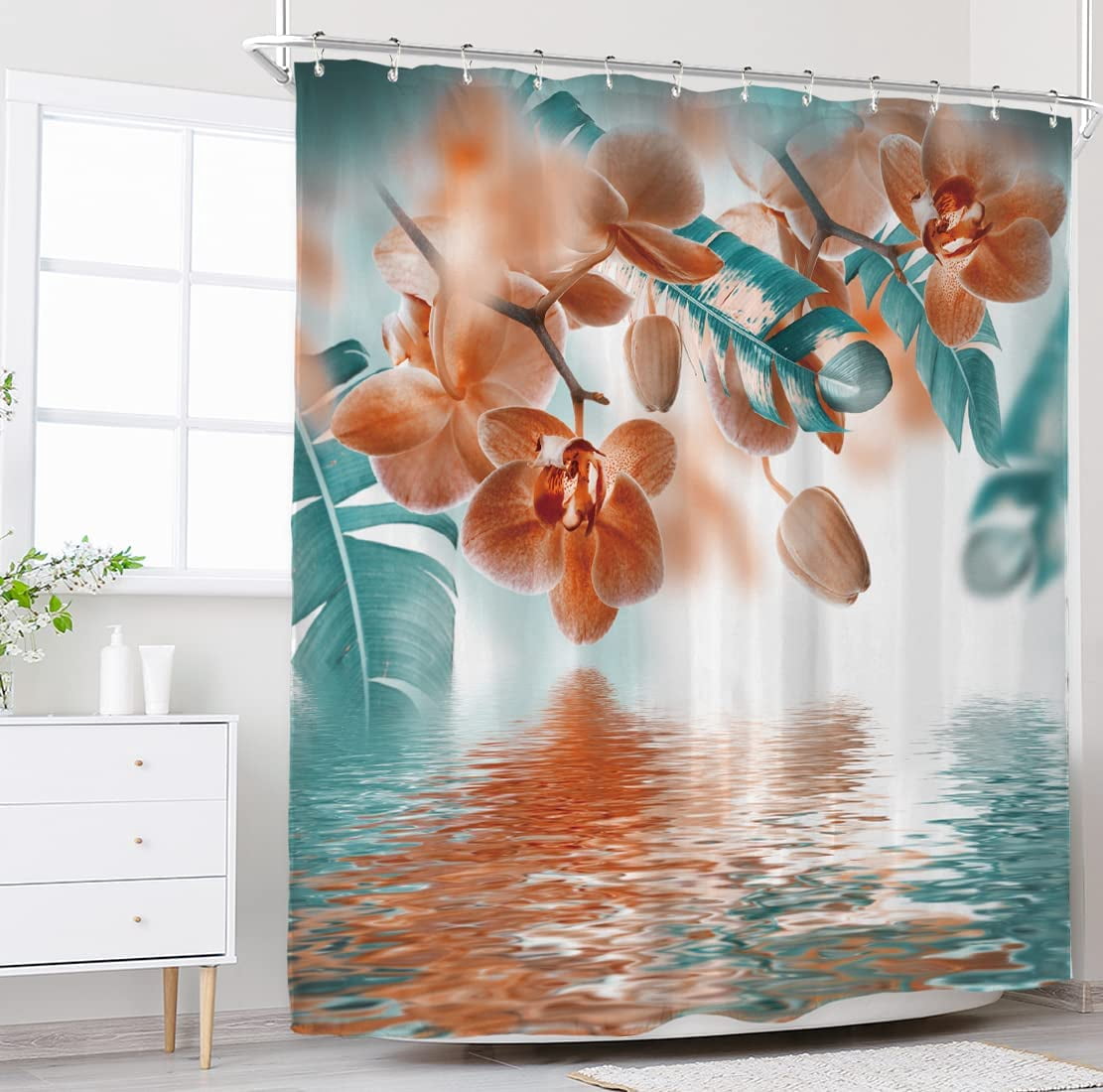 Teal and Orange Orchid Shower Curtain Reflection Floral Tropical Flower Leaf Painting Zen Decor Fabric Set Polyester Waterproof 72x72 Inch 12 Pack Plastic Hooks WW-T8X3