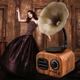 thumbnail image 2 of Altavoz retro con diseño de fonógrafo, conexión Bluetooth y ranura para tarjeta TF, ideal para uso en interiores y exteriores. Disponible en acabado de madera amarilla, con batería recargable de, 2 of 6