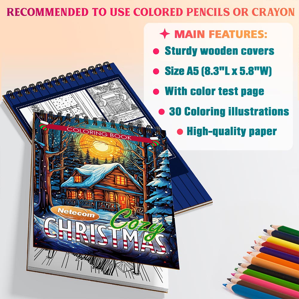 Netecom Cozy Christmas Coloring Book Spiral Bound for Adults, A5 Wooden Cover, 30 Serene Coloring Pages of Snowy Village Scenes in Xmas Day for Stress Relief and Relaxation