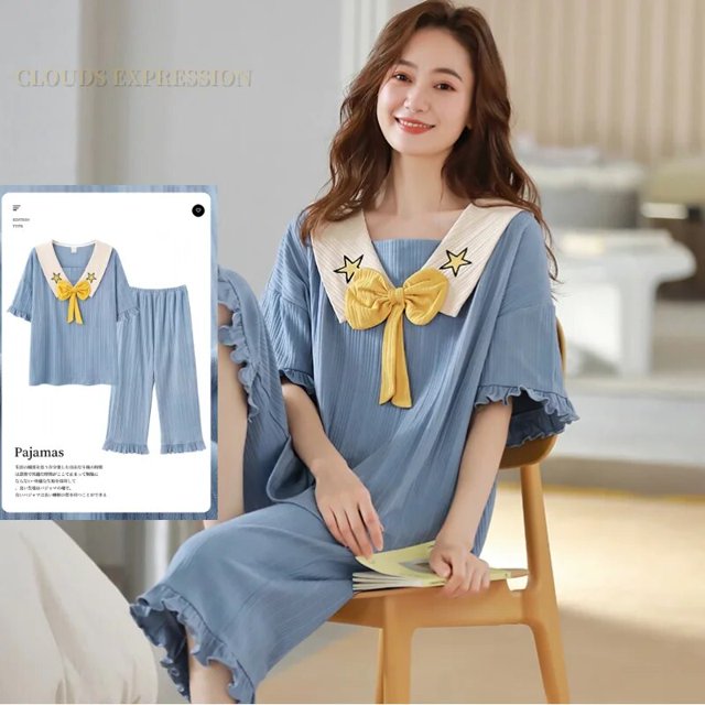 Pijama de punto de algodón con estampado de nubes para mujer, conjunto de dos piezas de manga corta, ropa de dormir de dibujos animados, Verano