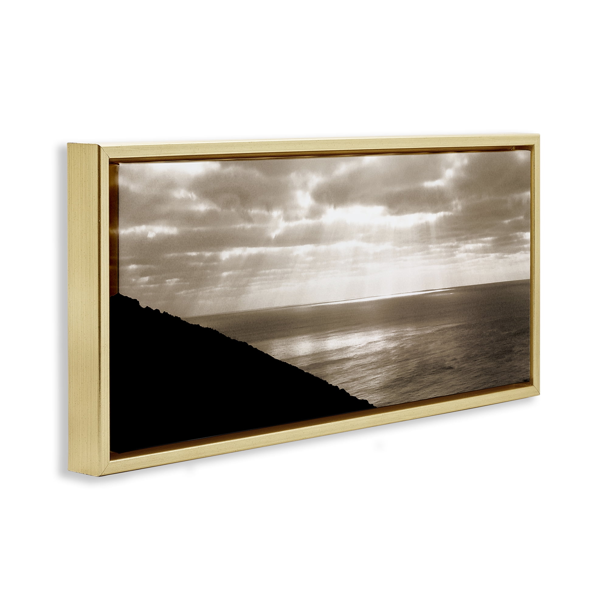 Stupell Industries Sepia Rays on Beach Landscape & Nature Photography Gold Floater Framed Canvas Art Print Wall Art, 31 x 14