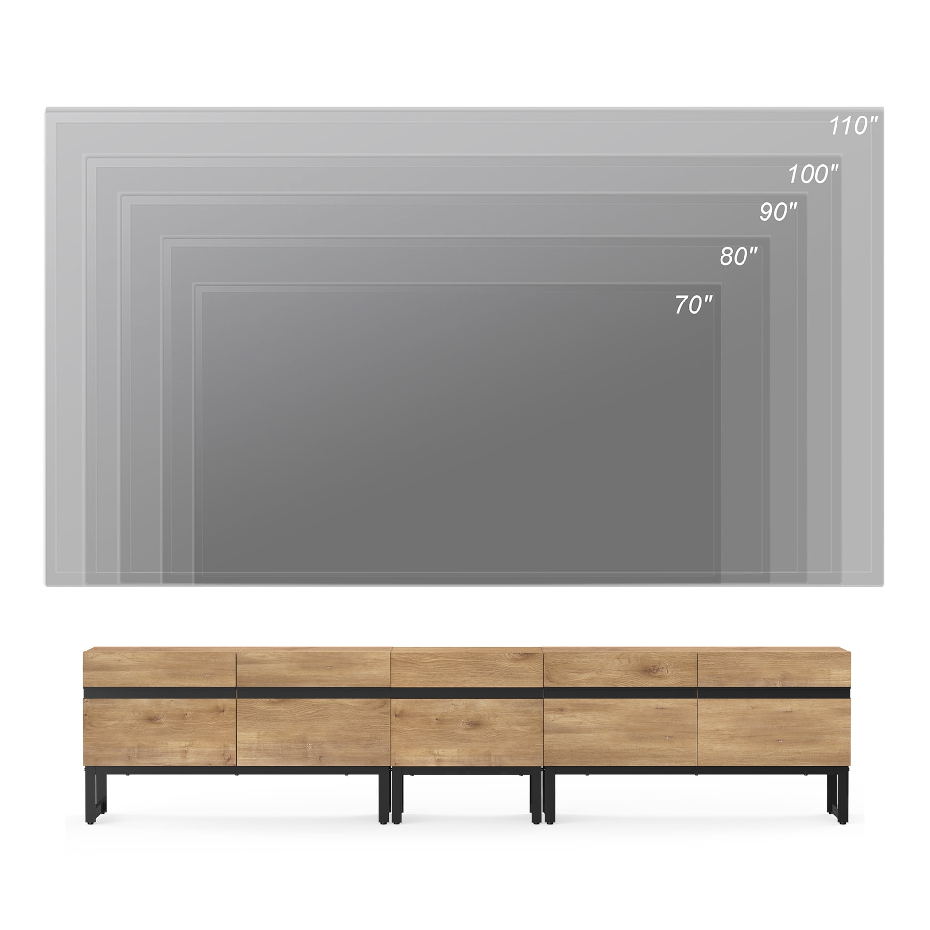 WAMPAT Modern TV Stand, 3-in-1 Entertainment Center with Storage Cabinets & Metal Base, 89" Oak, Fits TVs Up to 90"