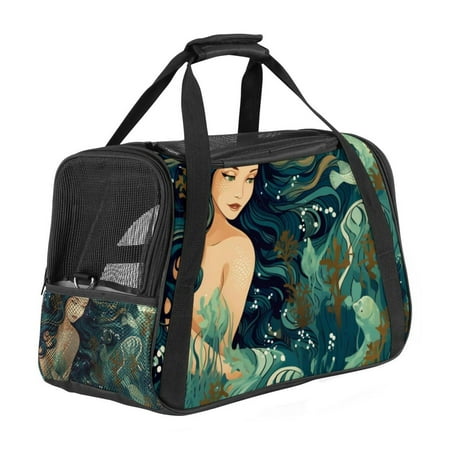Mermaid Pet Carrier Bag for Small Dog 900D Oxford Cloth Base Sherpa Nylon Webbing 17x10x11.8 in 43x26x30 Cm Fabric Travel Tote Transport Handbag Airline Approved Waterproof