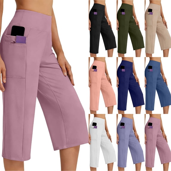 Bloomae Capri Pants for Women with Pockets Stretch High Waist Tummy Control Yoga Capris Loose Wide Straight Leg Cropped Pants for Casual Summer Black M