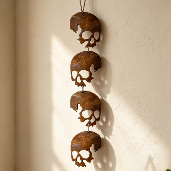 SUYOLL Vintage Rusty Metal Skull Vertical Hanging String 4-Pack Hollow Cutout Skull Pendant Garland Gothic Halloween Decorations Wall Decor Outdoor Indoor Decal