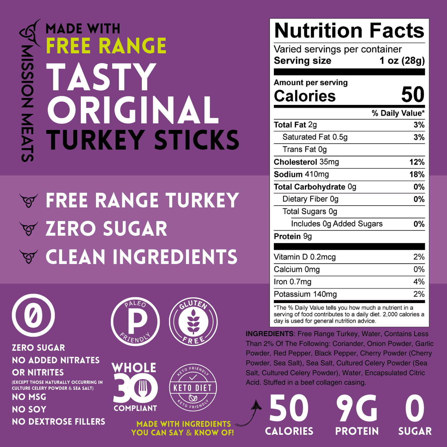Mission Meats Turkey Sticks, 100% Free Range Turkey Jerky, Zero Sugar, Delicious Healthy Snacks, 9g Protein, Individually Wrapped, Gluten Free, Original 1oz (12ct)