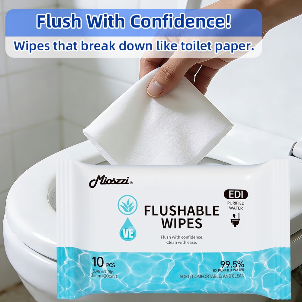 Mioszzi Flushable Wet Wipes, Portable, Septic Safe, 10 Count