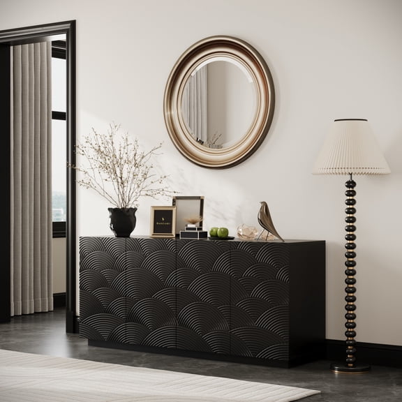 60" Buffet Sideboard with Storage, Large Coffee Bar Cabinet with 4 Water Ripple Doors, Luxurious Kitchen Storage Cabinet for Living Room, Black