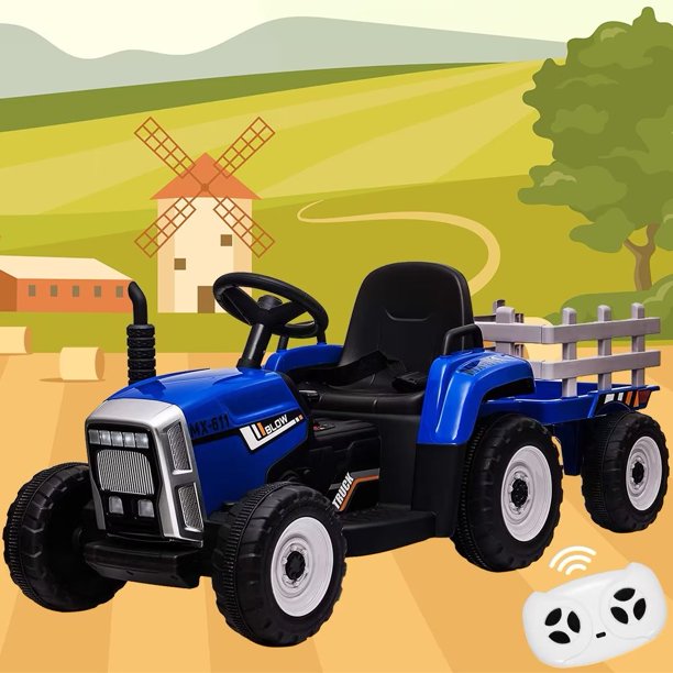 12V Kids Ride on Car with Trailer, Toddler Electric Tractor with Remote