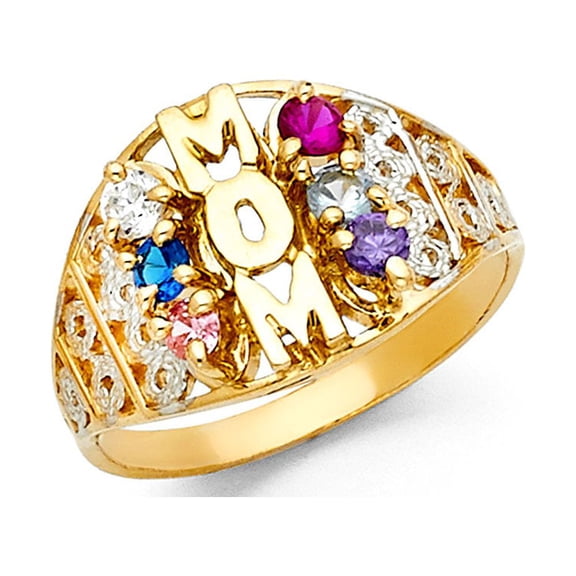 Mom Band Solid 14k Yellow White Gold Mothers Ring Six Stone Multi Color CZ Diamond Cut Fancy, Size 7