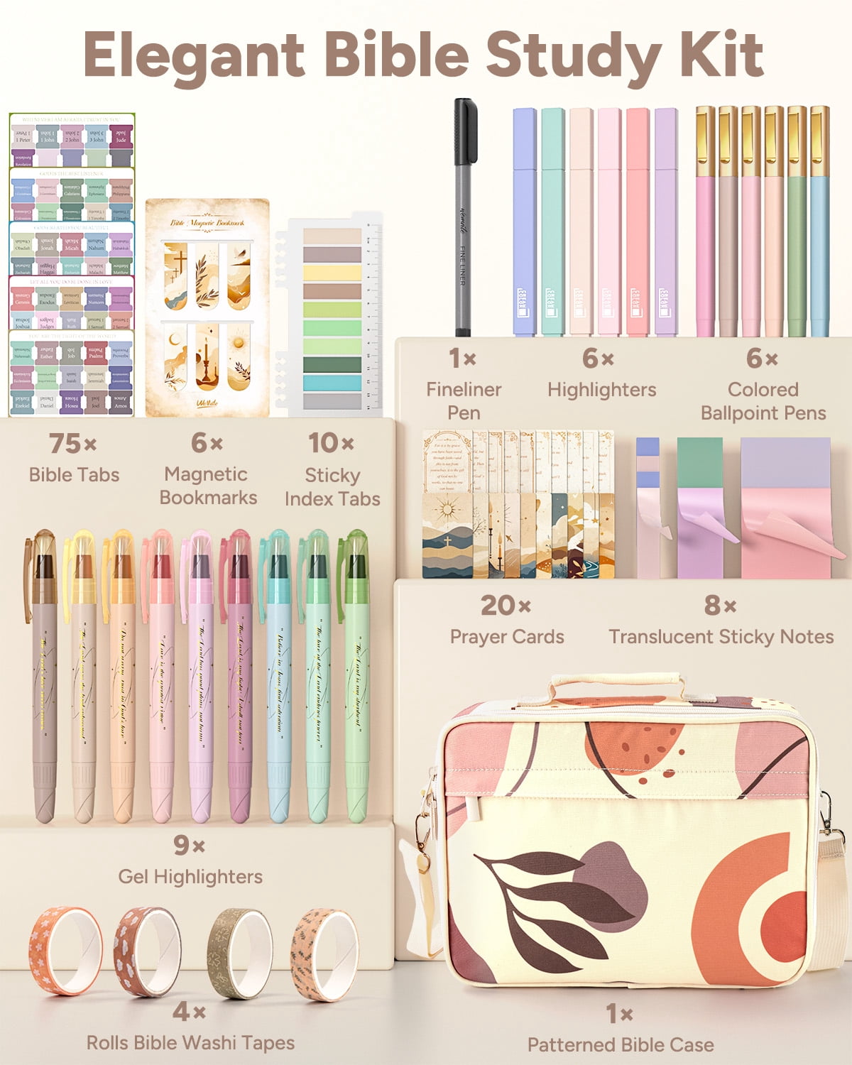 WEMATE 76 PCS Bible Study Supplies with Bible Case, 15 No-Bleed Highlighters, Ballpoint Pens, Washi Tapes, Sticky Notes, Prayer Cards, Annotation Kit for Women College Essentials Christian Gifts