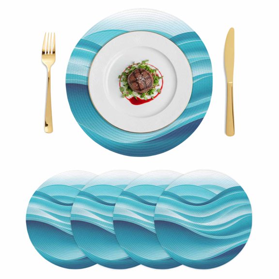 Turquoise Striped Round 13 Inch Placemats Set of 4, Modern Abstract Art Wave Moire Gradient HeatResistant Non Slip Place Mats for Dining Table, Wipeable Braided Kitchen Table Mats for Housewarming