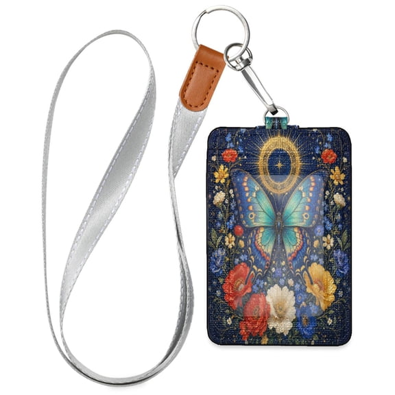 PU Leather Badge Holder Lightweight ID Card Holder with Window Pocket Magical Butterfly and Floral