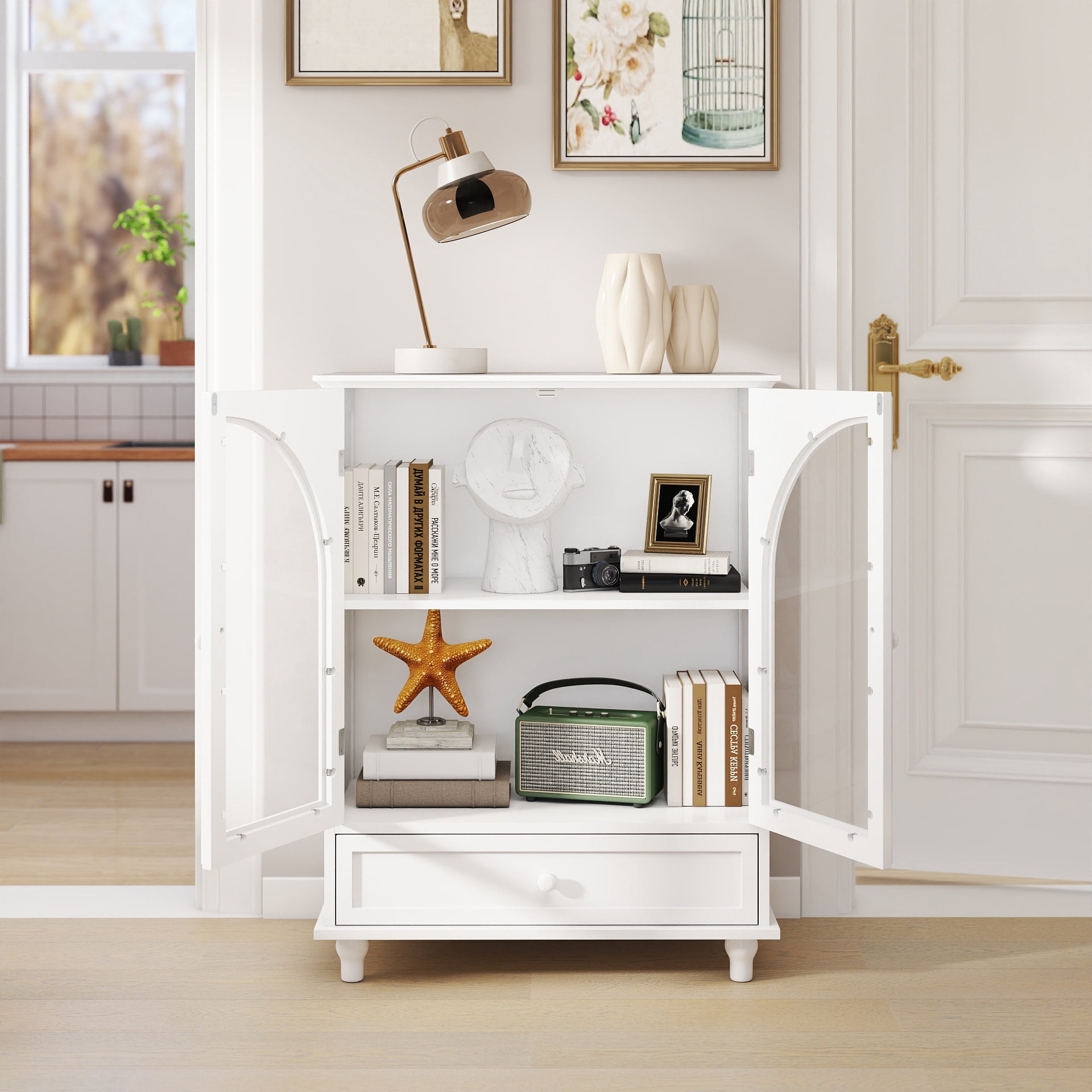 Arched Glass Door Farmhouse Sideboard, White Storage Cabinet with Tiered Top & 1 Drawer, Buffet Pantry Cabinet for Kitchen Living Room Coffee Bar