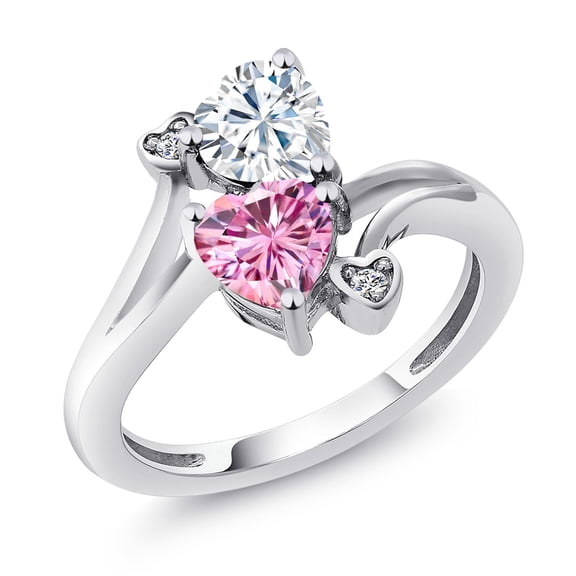 Gem Stone King 925 Sterling Silver White Moissanite Pink Moissanite and White Diamond Ring for Women (1.63 Cttw, Heart Shape 6MM, Gemstone Birthstone, Size 5)