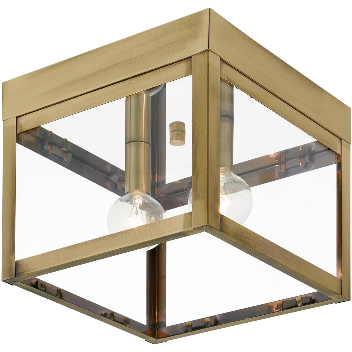 8 inch 2 Light Antique Brass Outdoor Ceiling Light fixture with Clear Glass Shade