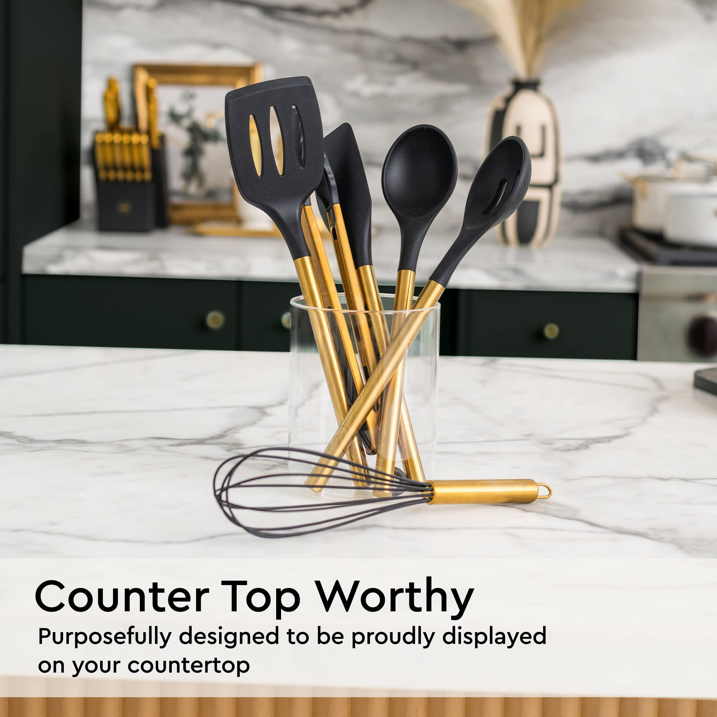 Black and Gold Kitchen Utensils Set 6PC Black Silicone Utensils Set Includes: Gold Tongs, Gold Whisk, Gold Serving Spoon, Gold Spatula & Turner-Black and Gold Kitchen Accessories & Gold Kitchen Decor