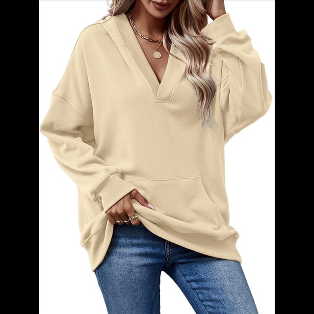 Sudadera con Capucha para Mujer, Cuello en V, para Invierno y Otoño. Crema XXL