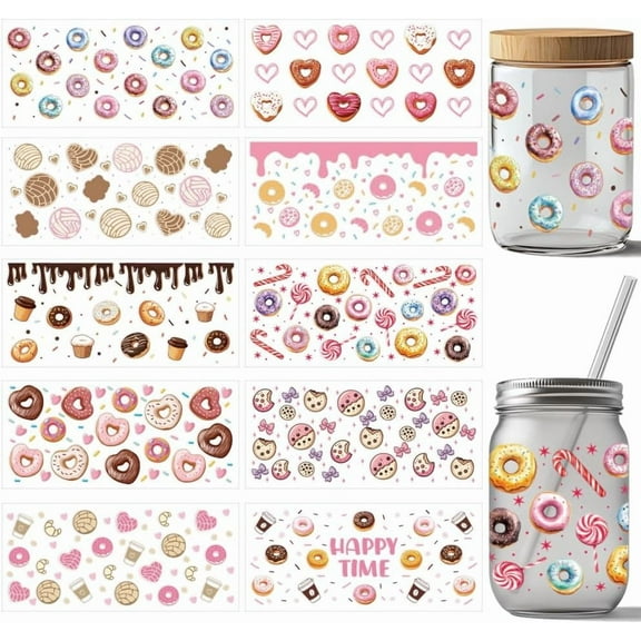 10 Pcs Candy UV DTF Cup Wrap Transfer Sticker 10 Styles Coffee Donut Cookies Transfer Paper Rub on Stickers PVC Cup Waterproof Rub Decals for Cup Glass 24x11cm/9.4x11inch Colorful DIY