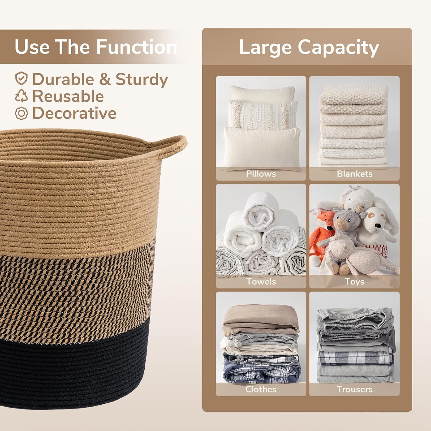 Laundry Basket Large Laundry Hamper, Woven Baskets for Storage, 17.8" x 15.8" x 13.8", Wicker Laundry Basket for Living Room, Dirty Clothes Basket, Baby Hamper for Nursery, Black & Jute