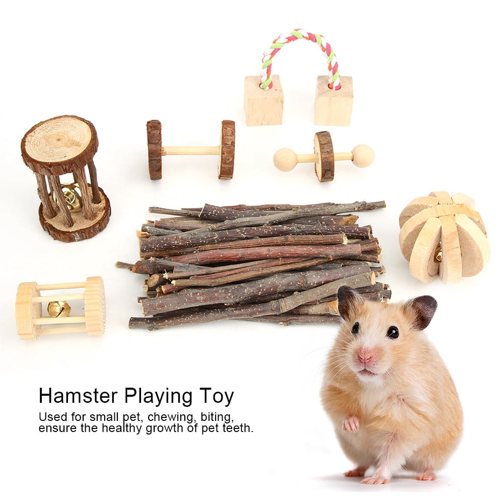 Yajisi 7-Piece Wooden Small Pet Chewing Playing Biting Toy Set for Hamsters, Chinchillas, Guinea Pigs and Rabbits - Play Activity Center, Natural Pine