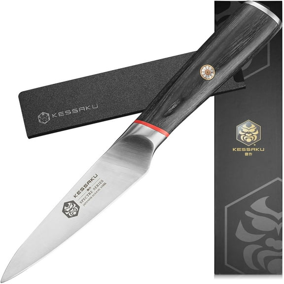 Kessaku 4-Inch Paring Knife - Spectre Series - Forged Japanese AUS-8 High Carbon Stainless Steel - Pakkawood Handle with Blade Guard