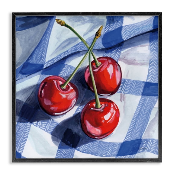 Stupell Industries Traditional Three Picnic Cherries on Gingham Black Framed Giclee Art, 12 x 12, by Kate Jarvik Birch