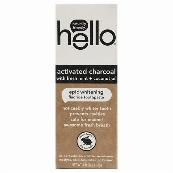 hello Activated Charcoal Whitening Fluoride Toothpaste, Fresh Mint   Coconut Oil, Vegan & SLS Free