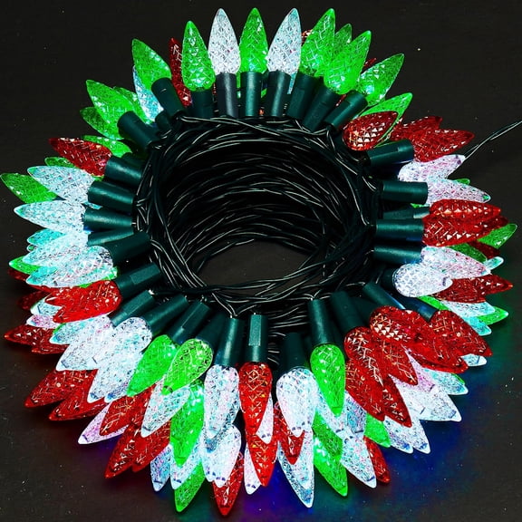 "C6 Battery Operated Christmas String Lights, 100 LED 33ft with 8 Modes, Timer, Waterproof for Indoor Outdoor Christmas Trees, Fence, Stairs Xmas Decorations, Red Green White