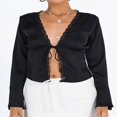 thumbnail image 2 of PENGXIANG Blouses en Satin à Lacets pour Femmes avec Col en V et Manches Longues, 2 of 6