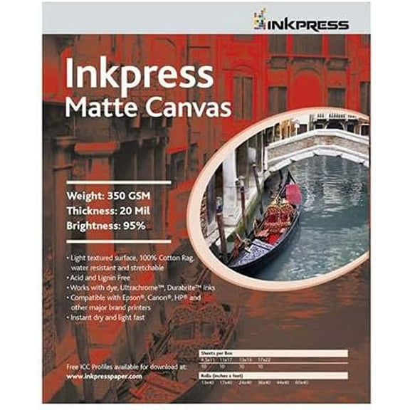 Inkpress Matte Canvas, Waterproof, Stretchable, Bright White Matte Inkjet Cloth, 20 mil, 350 gsm, 8.5x11", 50 Sheets