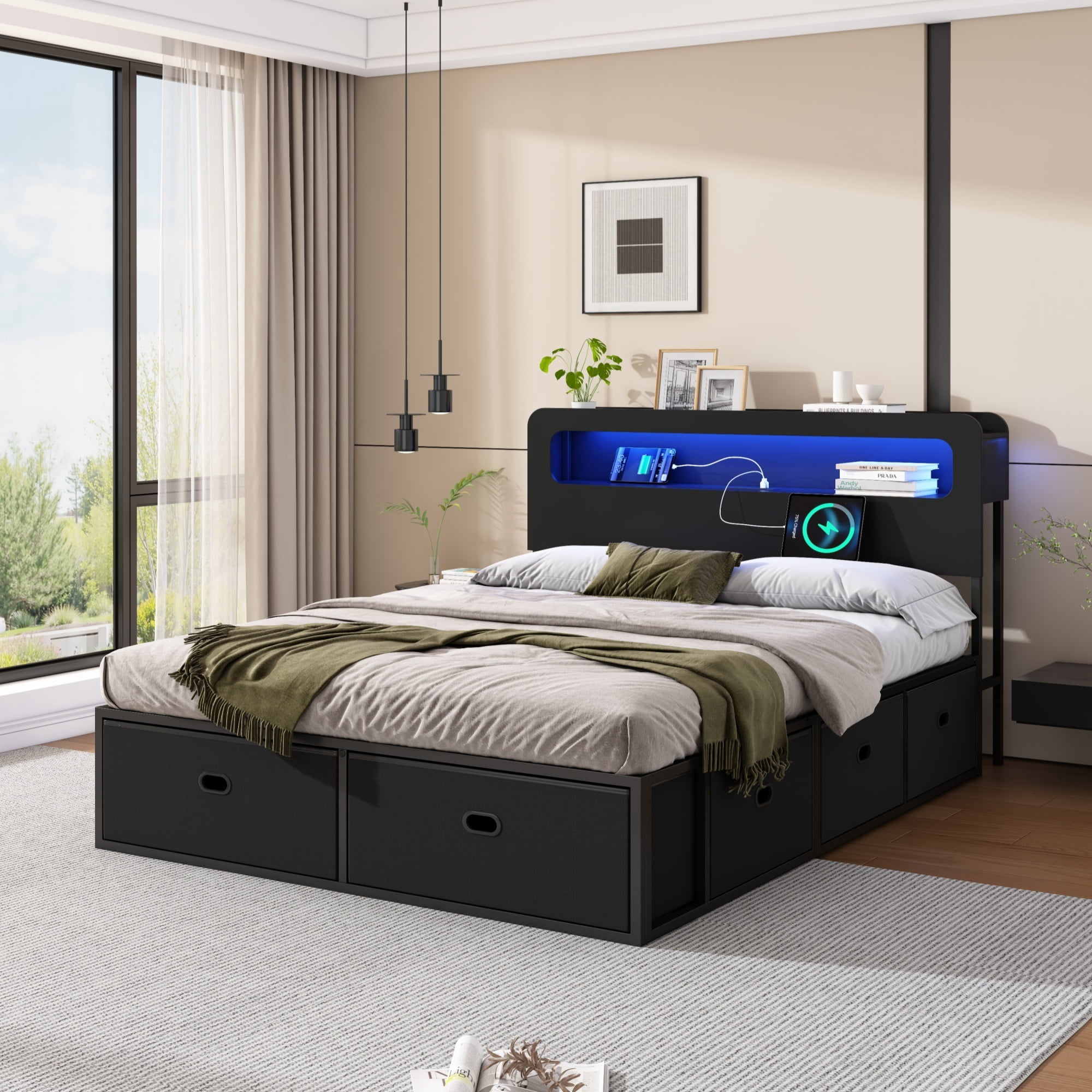 Leumius Queen Size Bed Frame with 8 Storage Drawers,Metal Platform Bed with 2-Tier Storage & LED Light Headboard, Charging Station, USB Port & Type C,No Box Spring Needed,Black