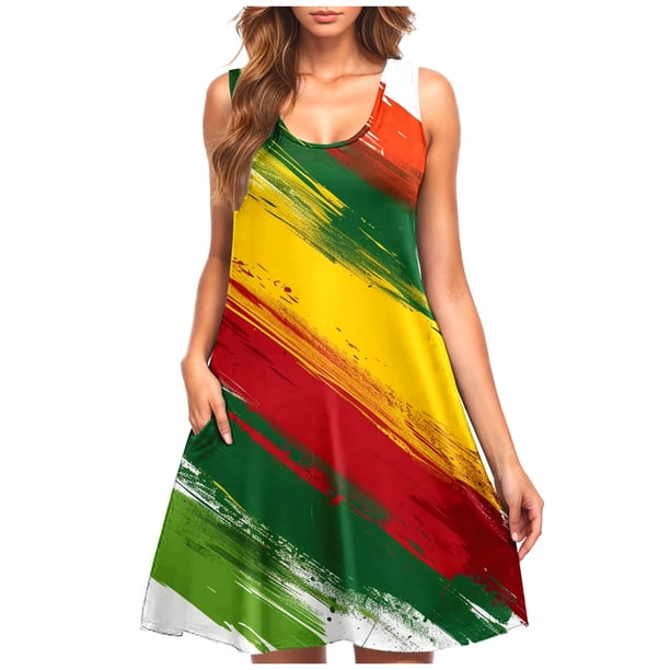 Vestido Casual de las Mujeres sin Mangas en Gradiente Cuello de Tripulación, Vestido Ligero de Primavera Y Verano de Poliéster
