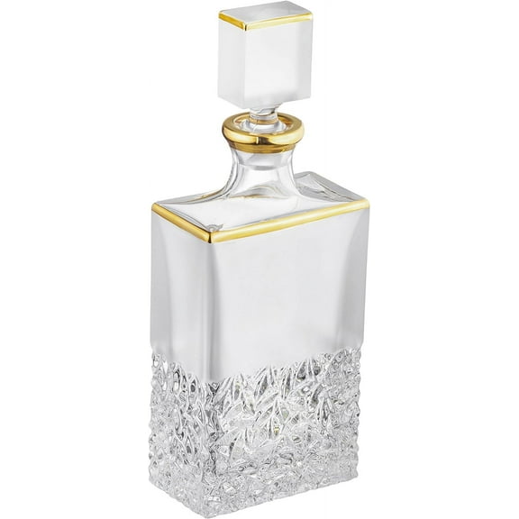 Barski - European Quality - Crystal - Whiskey - Liquor - Rectangular Shaped - Decanter - Raindrop Design with Frosted Border and Gold Rim - 25 oz. - 12" Height - Made in Europe