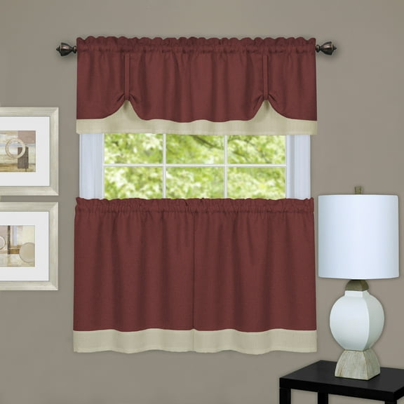 Burgundy/Beige Solid Window Curtain Double Layer 36" x 58" Tier Pair & Valance Set