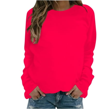 Amtdh Women s Graphic Sweatshirts Clearance Solid Color Long Sleeve Crew Neck Fall Tops Plus Size Loose fit Lightweight Casual Pullover Teen Girls Cute Clothes Fashion 2023 Red L