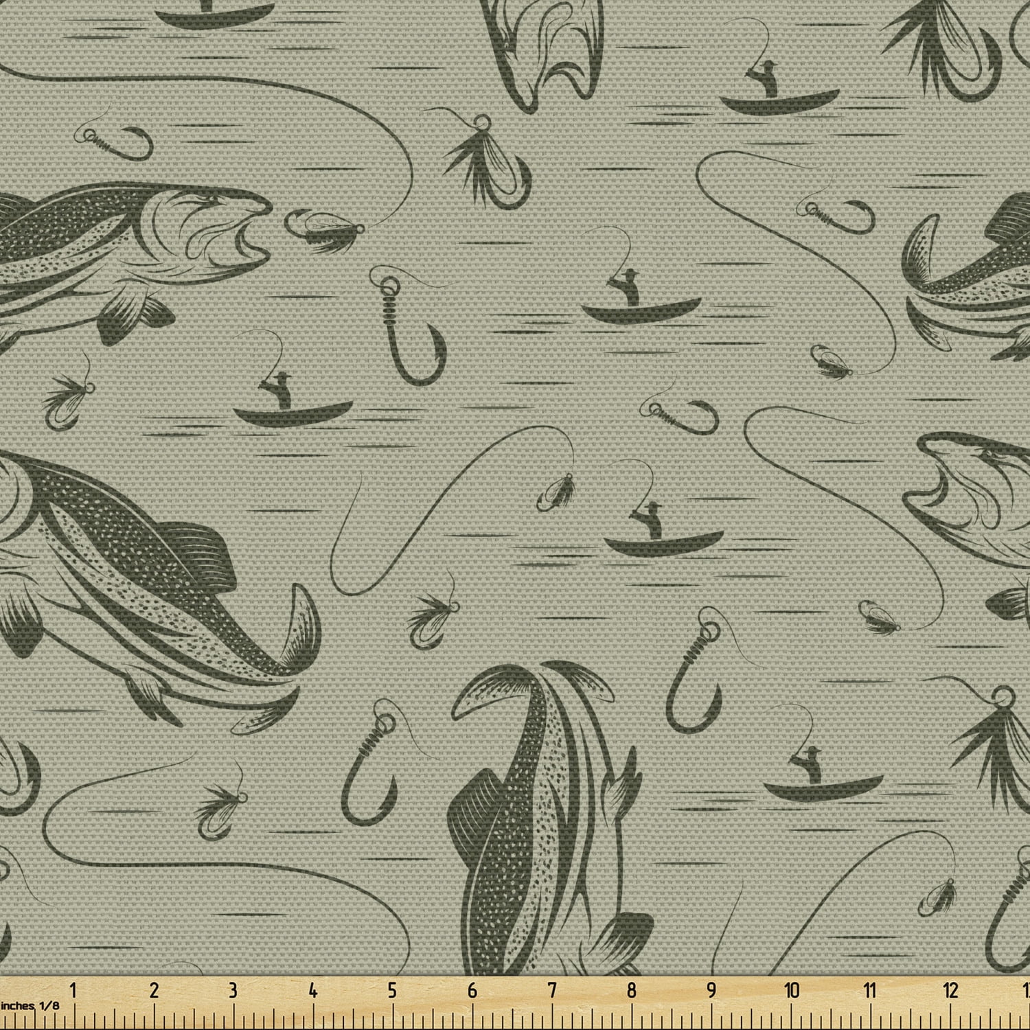 Fishing Fabric by the Yard, Hobby Concept Pattern with Fisherman on
