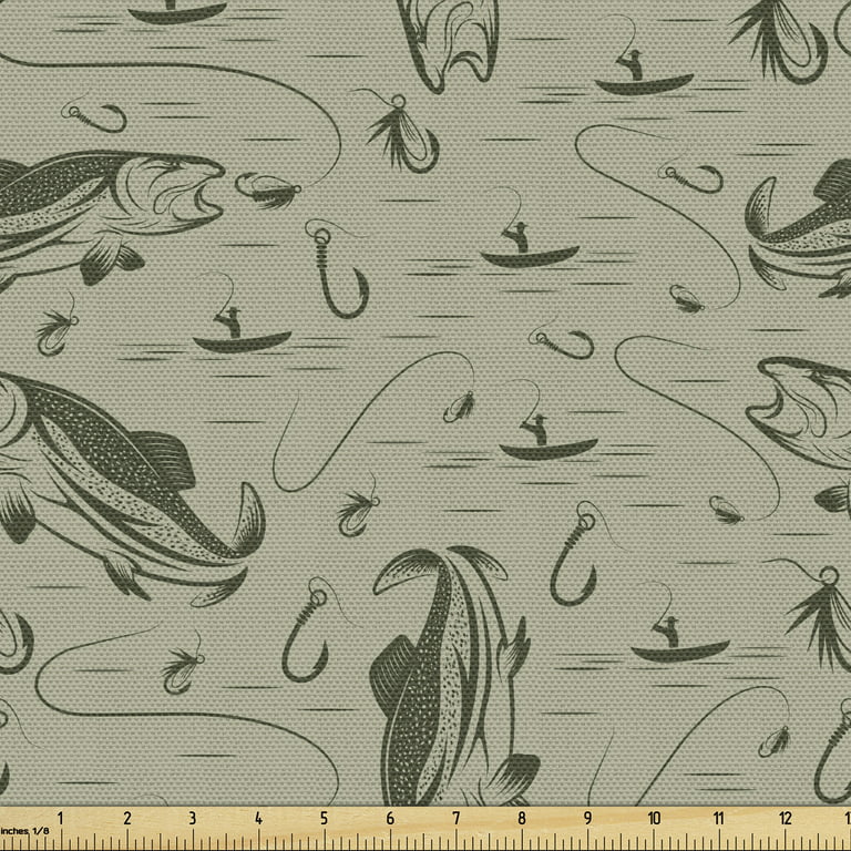 Fishing Fabric by the Yard, Hobby Concept Pattern with Fisherman on Boat  Catching Trouts with Rot Hook, Decorative Upholstery Fabric for Sofas Home