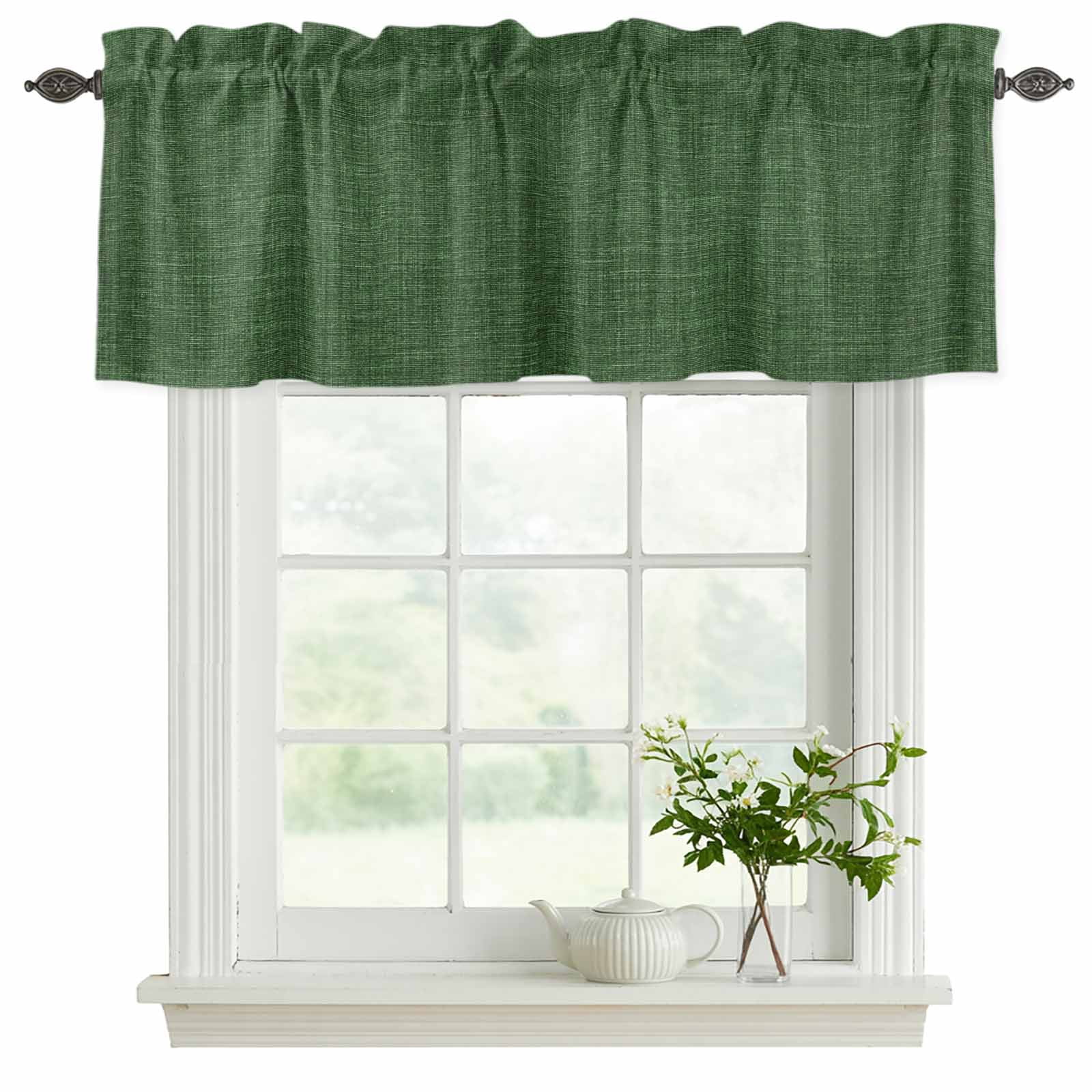 Valances for Windows, Dark Green Burlap Texture Kitchen Curtains Valances 2 Pack for Living Room Bedroom Bathroom, Farmhouse Vintage Green Light Filtering Curtains Rod Pocket Valance 42"x12"