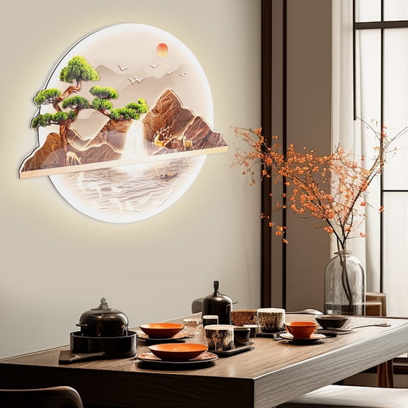 Wall Decor with Led Light Wall Sculptures Remote Mountains Pines Art Decoration