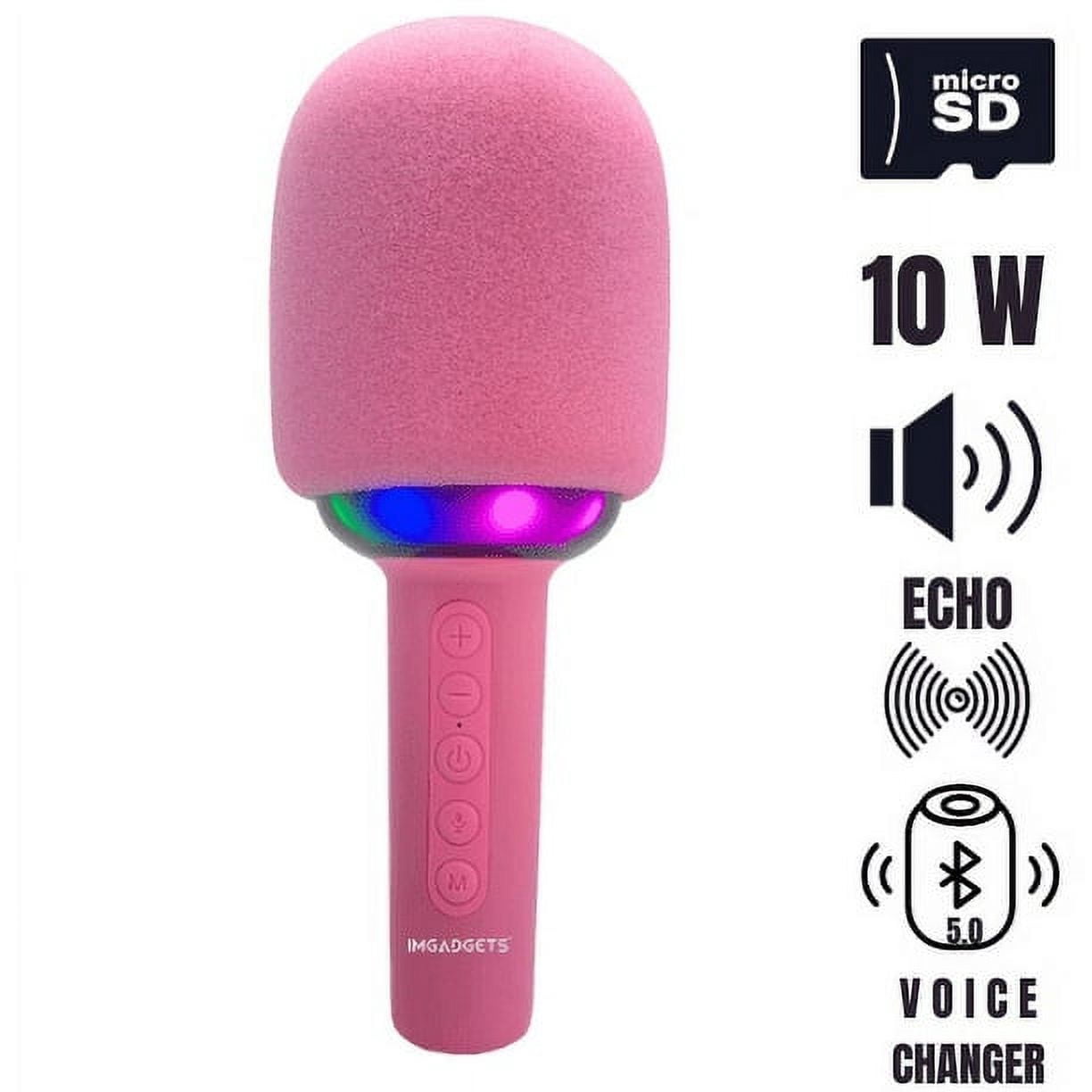 IMGadgets Microphone Karaoké pour Enfants et Adultes/ Lumières LED/ Haut-Parleur Bluetooth et Intégré/ Batterie Rechargeable/ Enregistrement et Changement de Voix