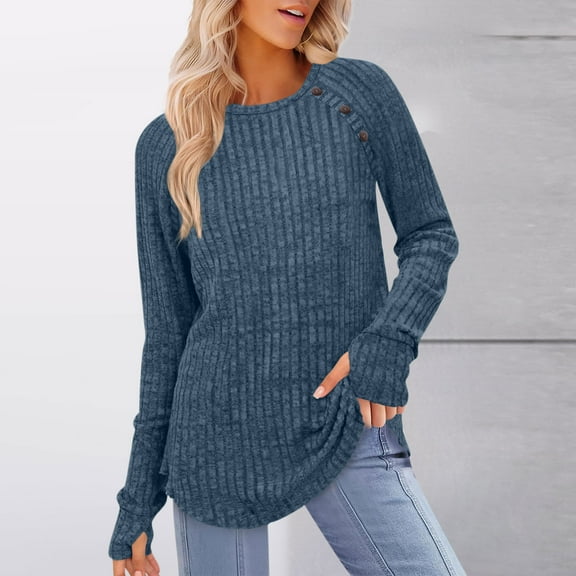 XUNKUSGA Clothes for Women Long Sleeve Crewneck Sweaters for Women Loose Casual Tunic Tops with Thumb Holes Lightweight Button Decor Womens Fall Fashion 2025 S-2Xl