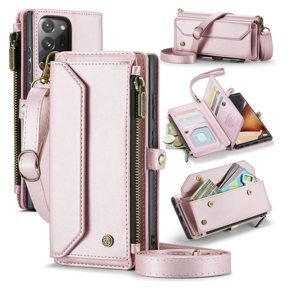 for Samsung Galaxy Note 20 Ultra Rugged Case, Classic PU Leather Shoulder Strap Wrist Strap Zipper Pocket RFID Blocking Wireless Charging Kickstand Case Cover for Samsung Galaxy Note 20 Ultra, Pink