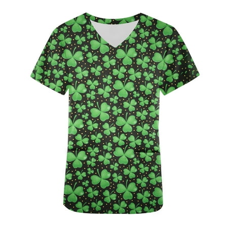 

St. Patricks Day Nurse Uniforms for Women Funny Graphic V Neck Scrub Tops Short Sleeve Slim Workwear Tee with Pockets